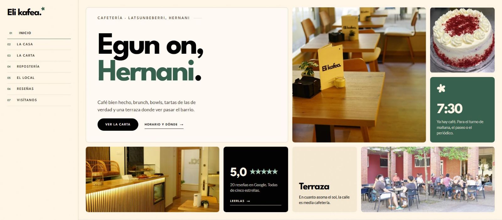 Portada de la web de Eli Kafea, con su carta, fotos del local y las reseñas de Google